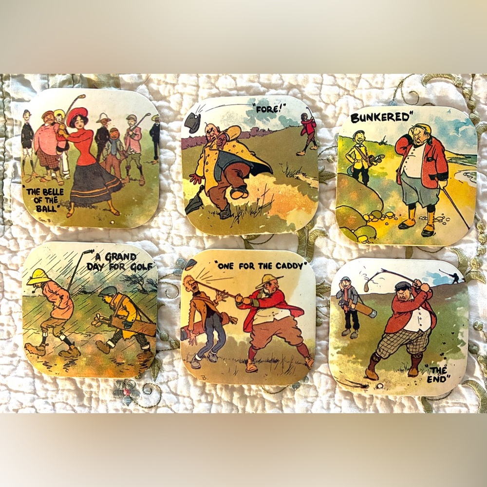 Set of Golfing Coasters by Artist Tom Browne (Edwardian Golfing Scenes) Vintage